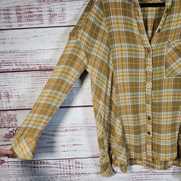 Free People olive green plaid button down top - Picture 7 of 16